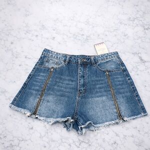 Boutique Denim Shorts Large Raw Hem Frayed High Rise Zip Detail Blue Jean